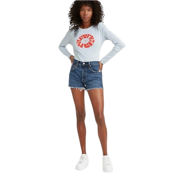 Levi's 501 High Rise Button Fly Raw Hem Denim Shorts Blue Size25 #1598 - Picture 1 of 7